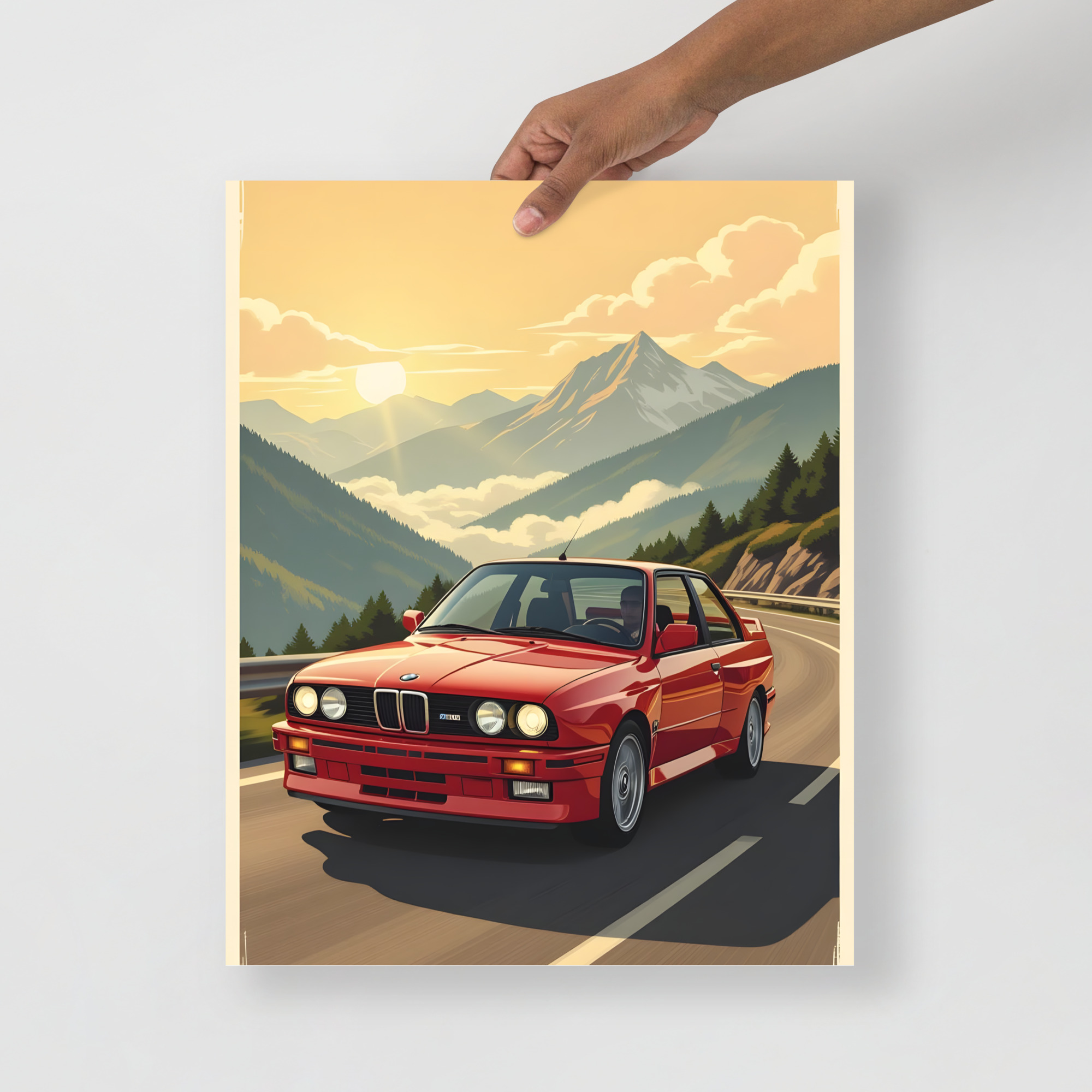 Private: Classic Sports Sedan Alpine Sunrise Front View Matte Poster – Cars Scenic Digital Art Print