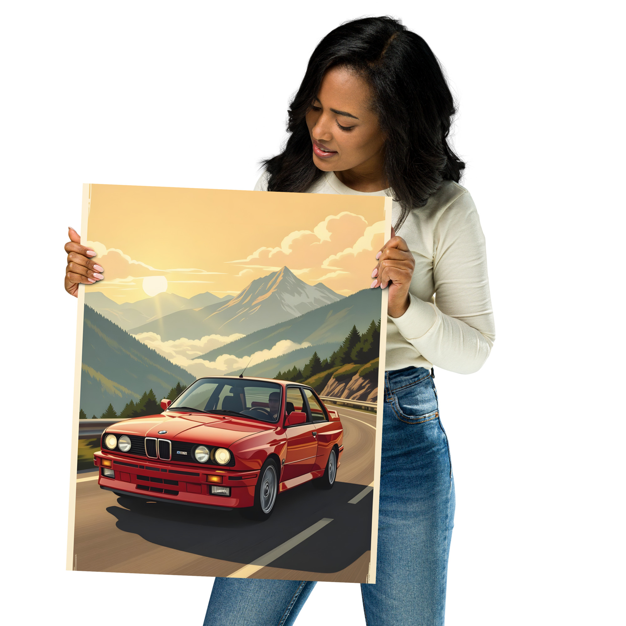 Private: Classic Sports Sedan Alpine Sunrise Front View Matte Poster – Cars Scenic Digital Art Print