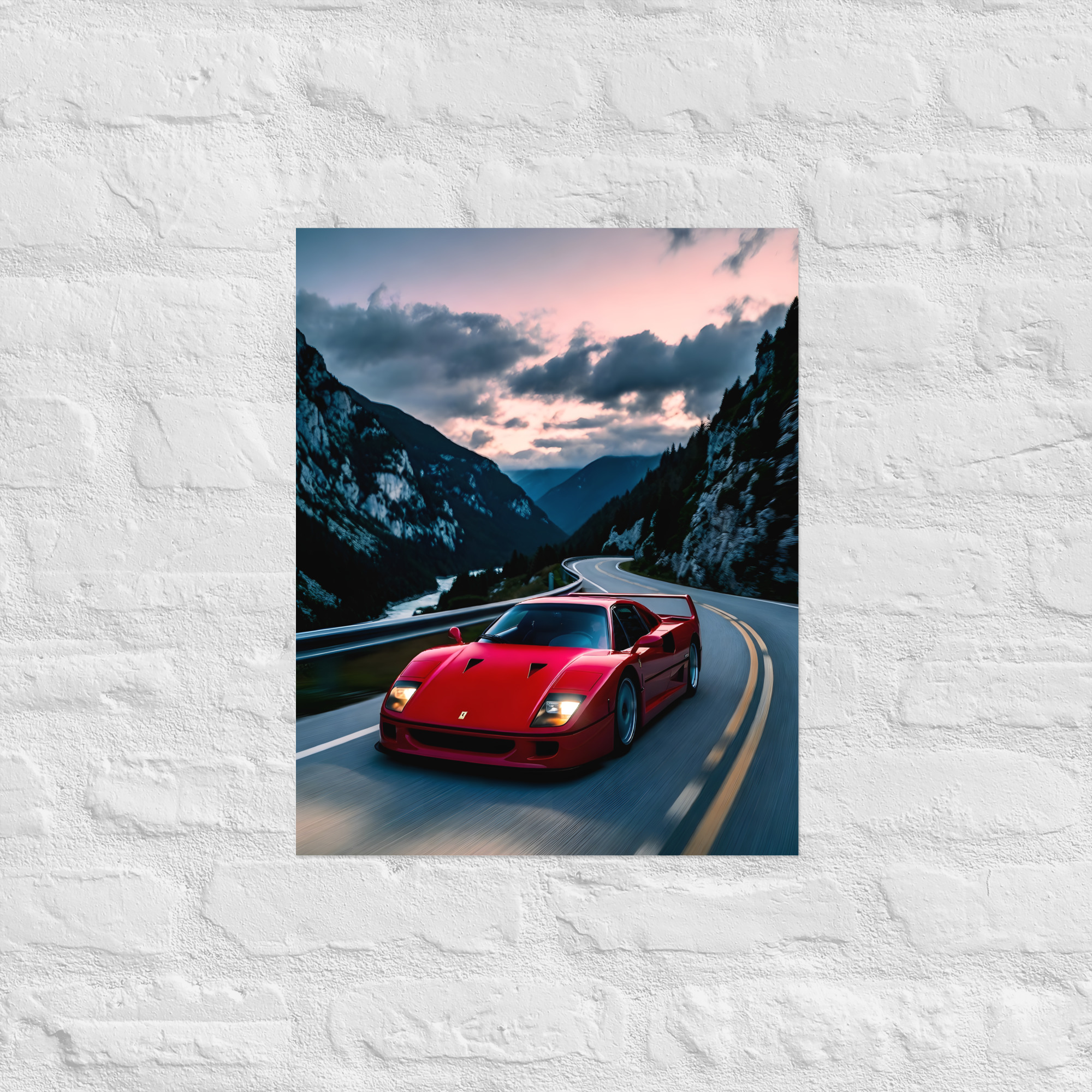 Private: Classic Supercar Alpine Sunset Front View Matte Poster – Cars Scenic Art Print