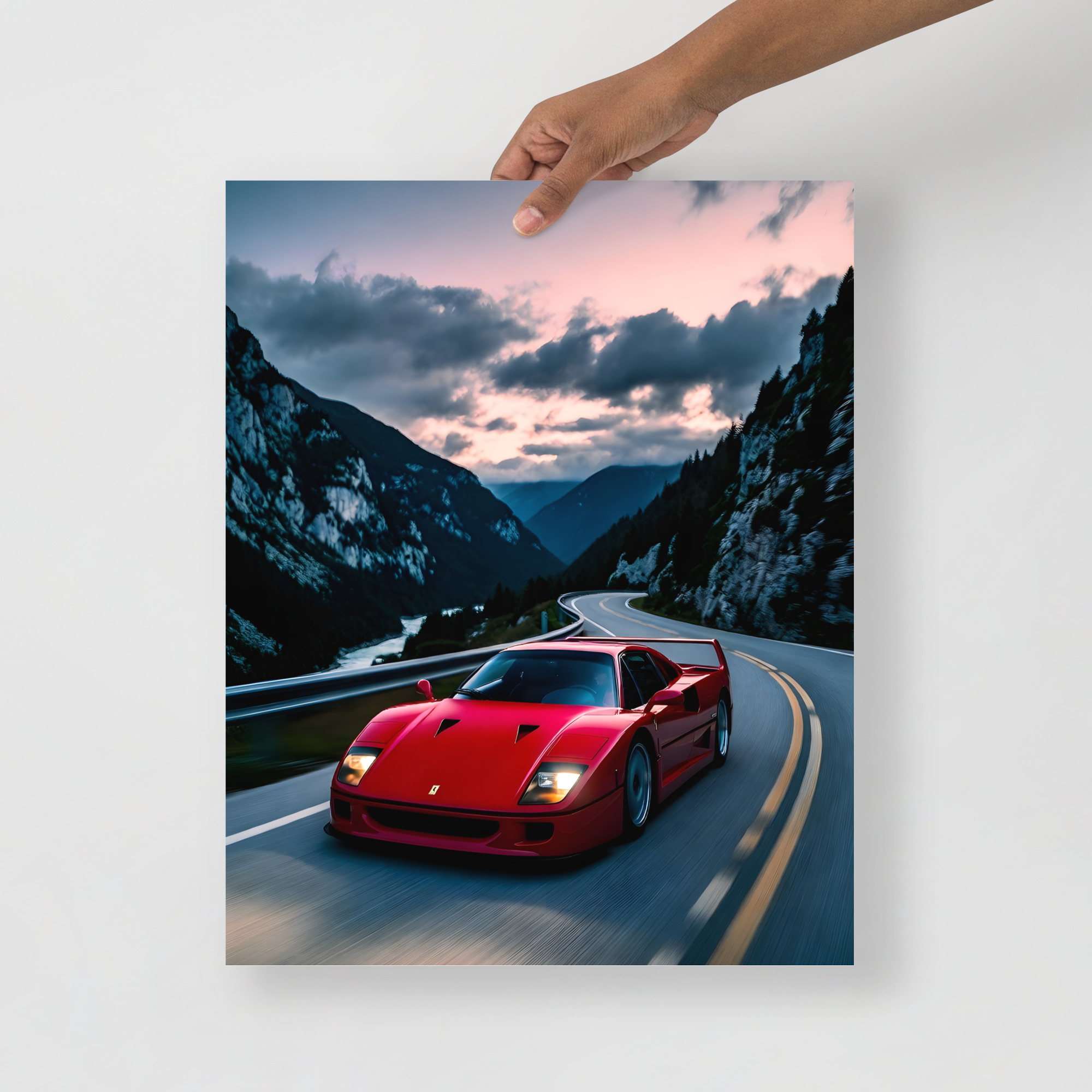 Private: Classic Supercar Alpine Sunset Front View Matte Poster – Cars Scenic Art Print