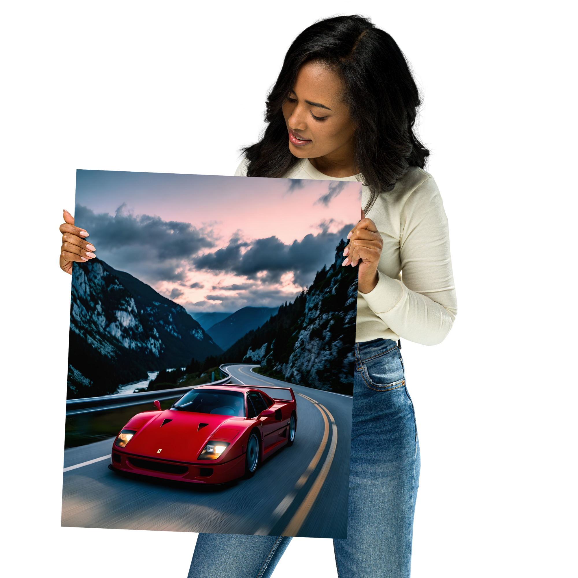 Private: Classic Supercar Alpine Sunset Front View Matte Poster – Cars Scenic Art Print