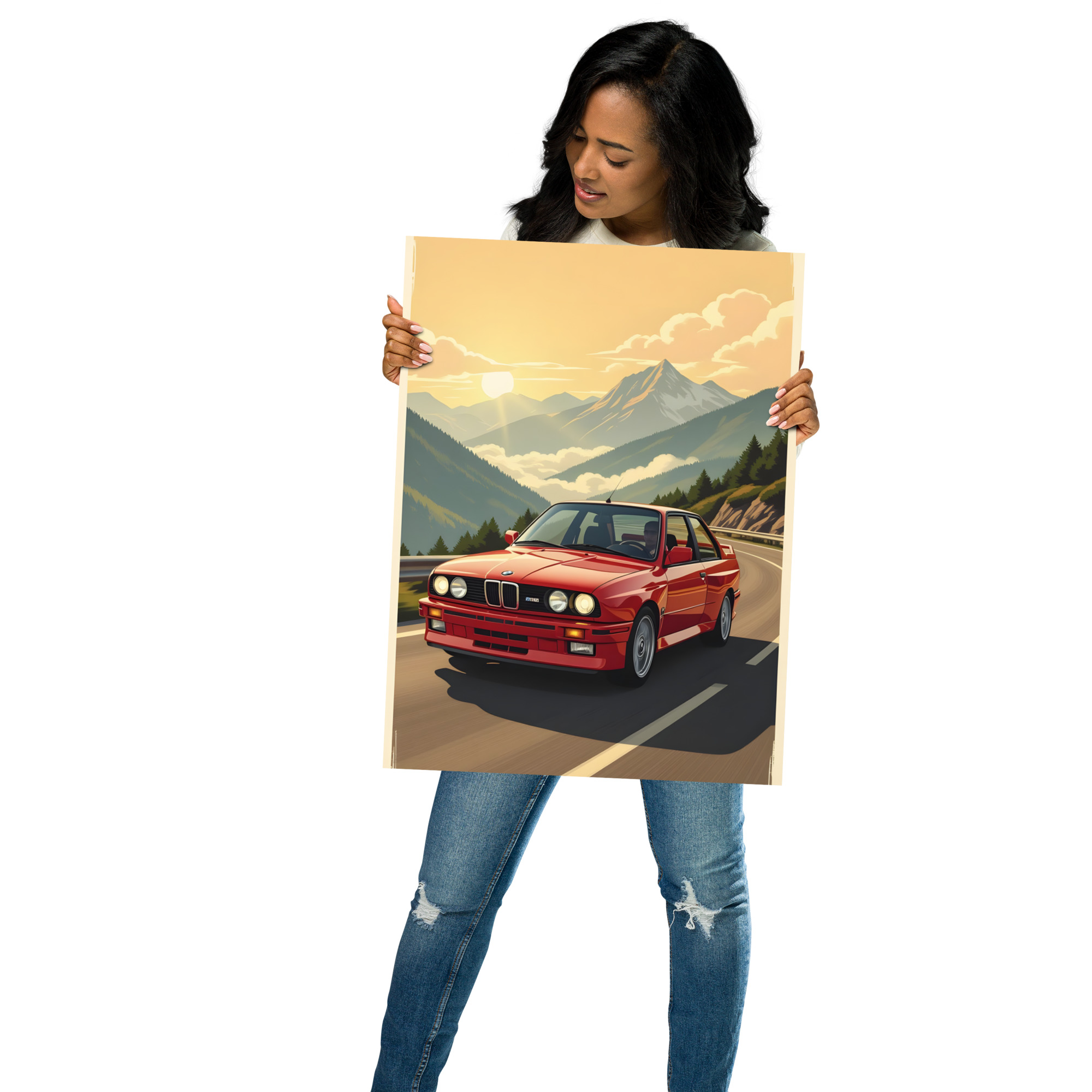 Private: Classic Sports Sedan Alpine Sunrise Front View Matte Poster – Cars Scenic Digital Art Print