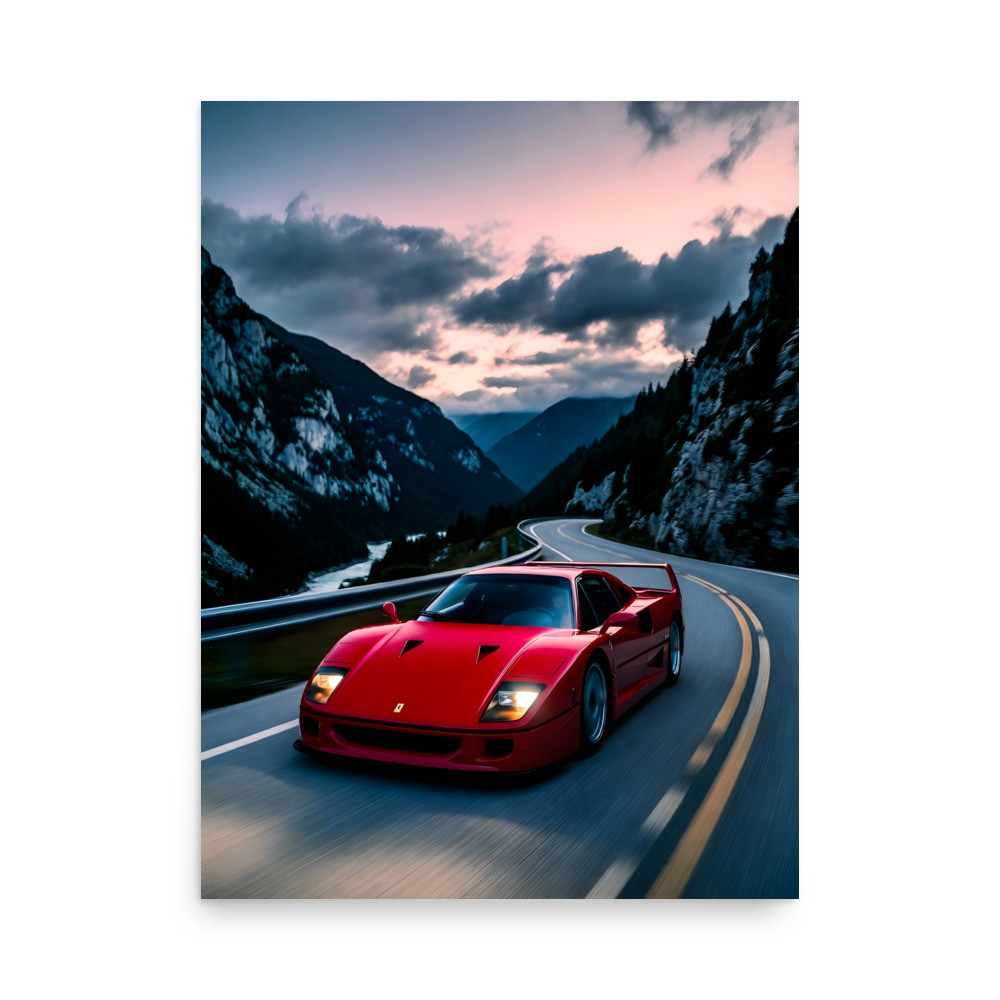 Private: Classic Supercar Alpine Sunset Front View Matte Poster – Cars Scenic Art Print