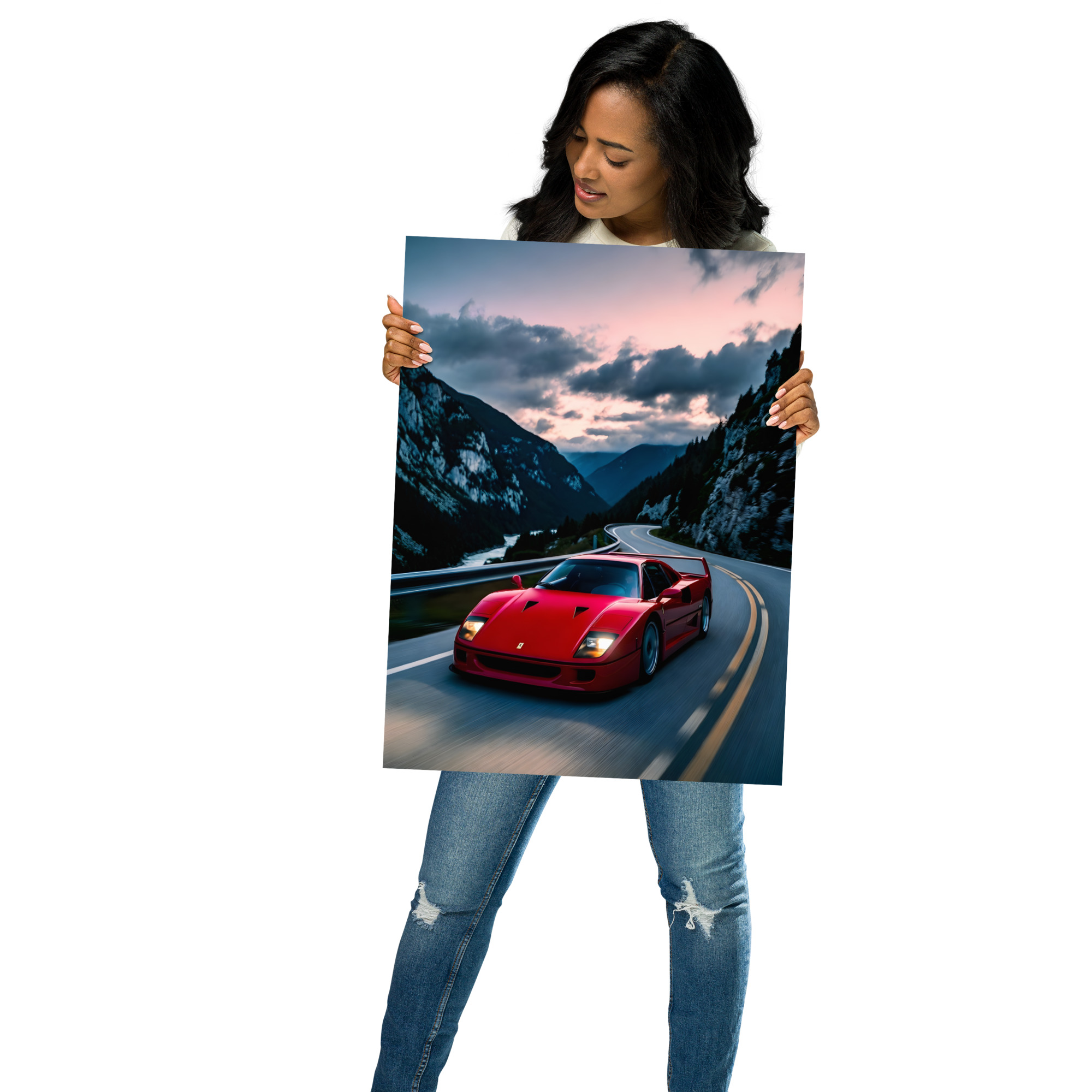 Private: Classic Supercar Alpine Sunset Front View Matte Poster – Cars Scenic Art Print