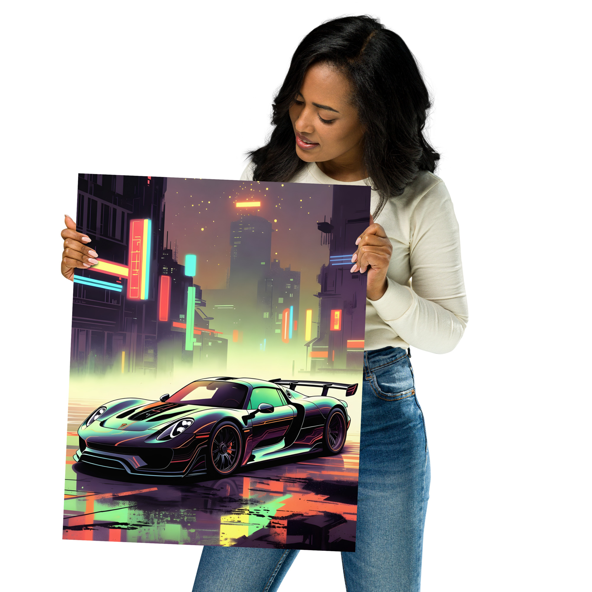 Private: Futuristic Hybrid Hyper car Neon Cyberpunk City Night Matte Poster – Synth wave Art Print