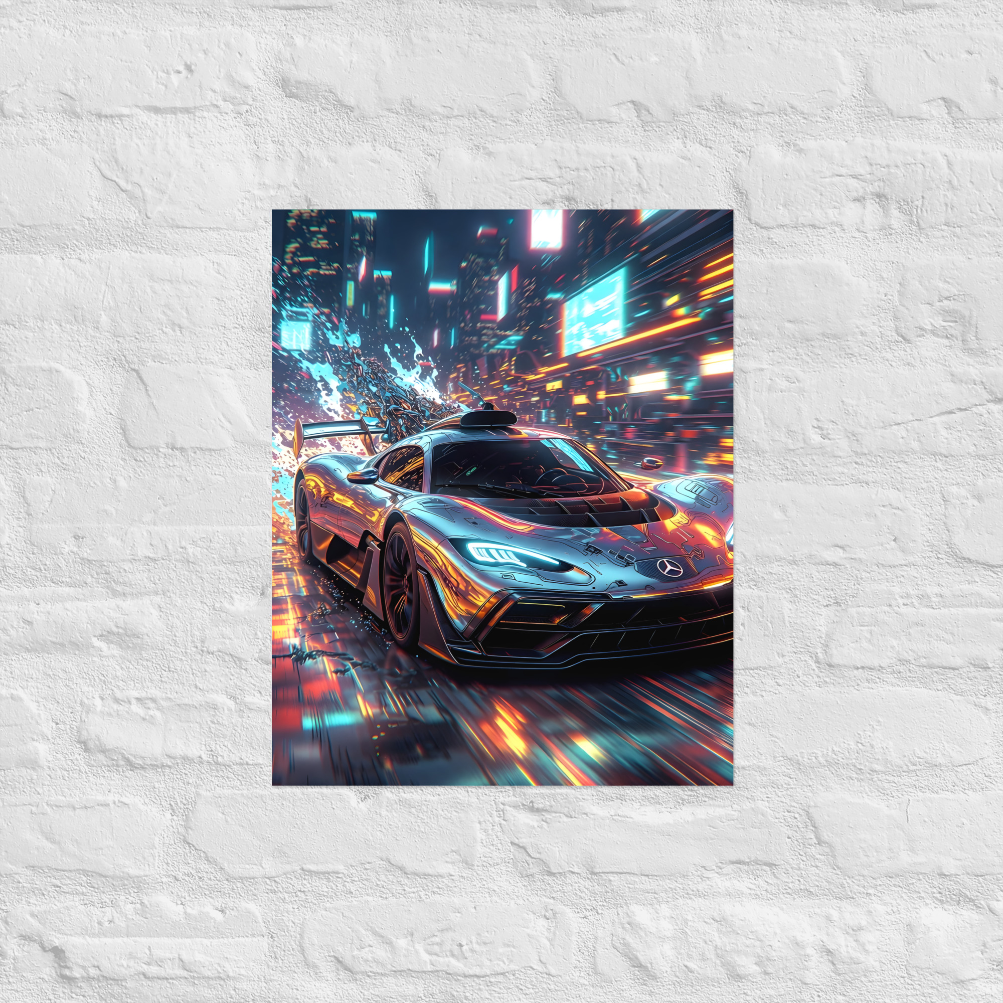 Private: Futuristic Hypercar Neon City Night Front View Matte Poster – Cyberpunk Art Print