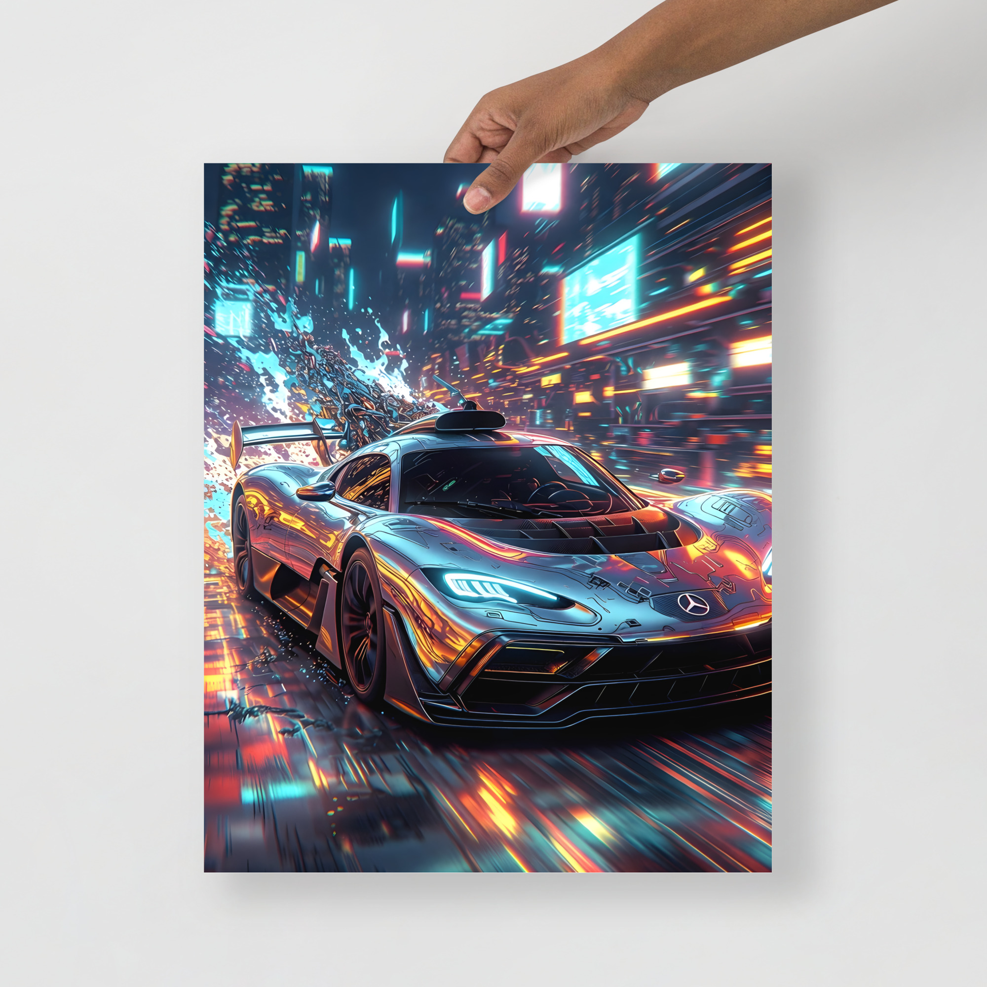 Private: Futuristic Hypercar Neon City Night Front View Matte Poster – Cyberpunk Art Print