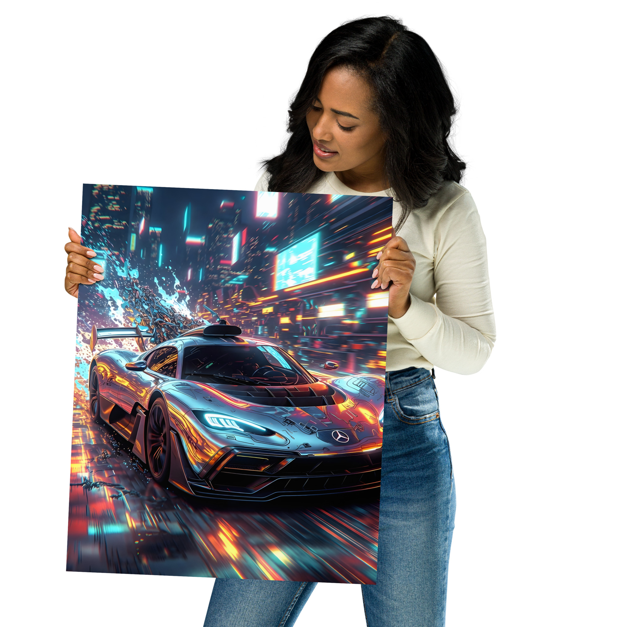 Private: Futuristic Hypercar Neon City Night Front View Matte Poster – Cyberpunk Art Print