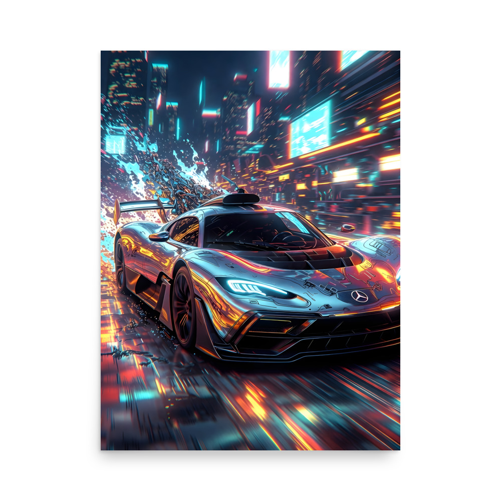 Private: Futuristic Hypercar Neon City Night Front View Matte Poster – Cyberpunk Art Print