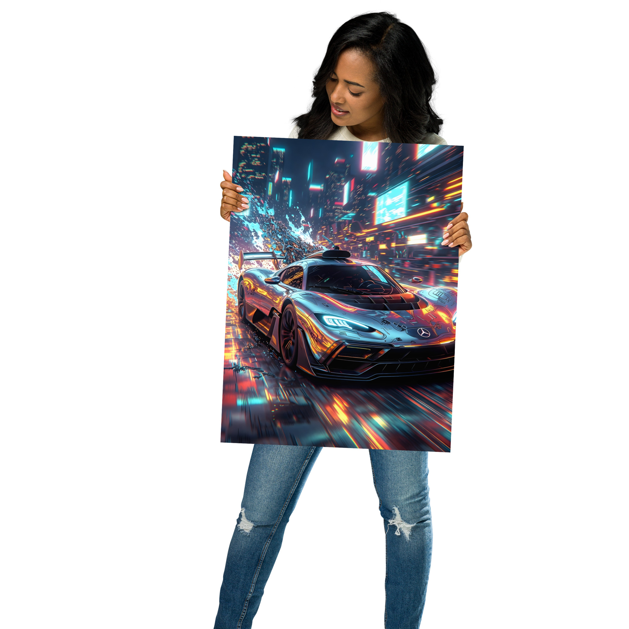 Private: Futuristic Hypercar Neon City Night Front View Matte Poster – Cyberpunk Art Print