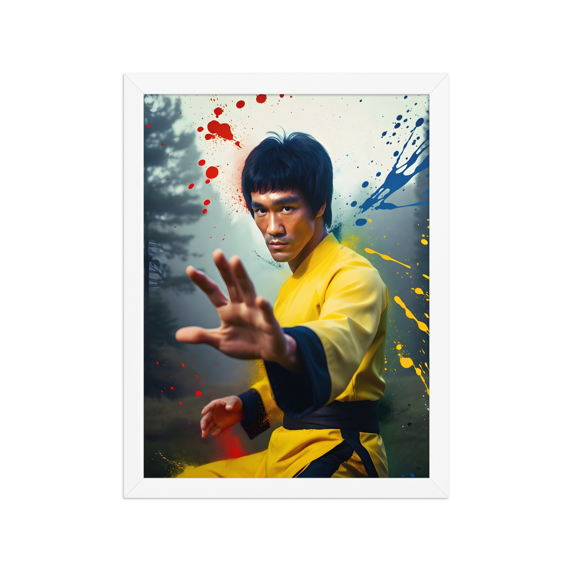 Private: Raw Fury of the Dragon – Iconic Yellow Jumpsuit Explosive Paint Splash Martial Arts Print
